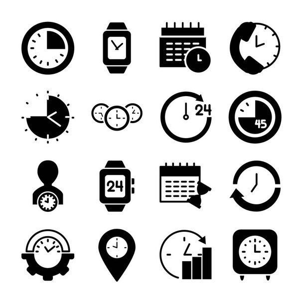 電話の記号と時計の時刻アイコンセットシルエット - ベクター画像