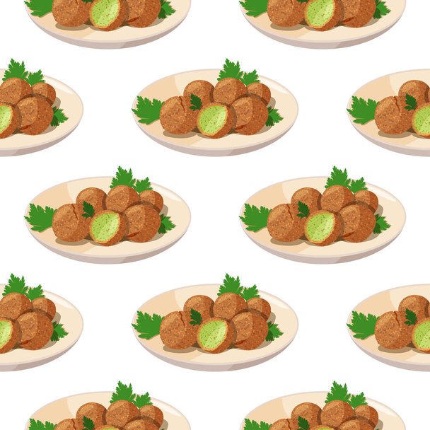 Traditional dish of Jewish cuisine Falafel. Vegetarian food on beige plate background. Meal seamless pattern. - Vector, Image