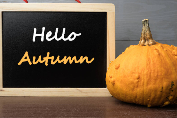 Oranje halloween pompoen met krijt schoolbord met hallo herfst tekst. - Foto, afbeelding