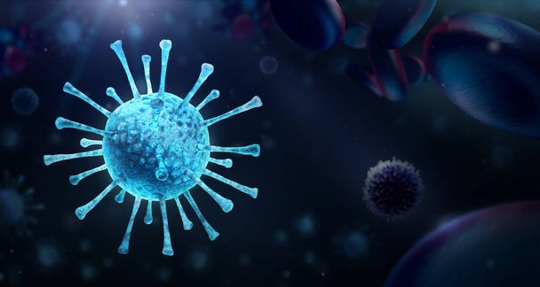 Virusinfectie van dichtbij. 3D medische illustratie Microscopische weergave van virus op donkere achtergrond. Coronavirus COVID-19 - Foto, afbeelding