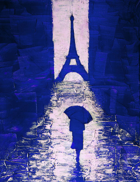 Artystyczny obraz kobiety idącej pod parasolem do Wieży Eiffla - Zdjęcie, obraz