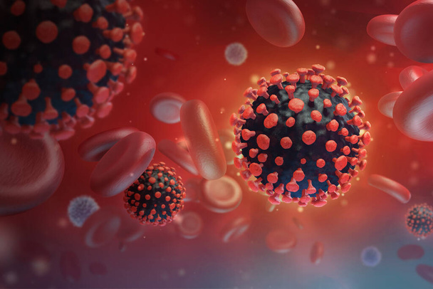 Virüs enfeksiyonu yakın plan. Kırmızı arkaplanda virüsün 3 boyutlu tıbbi illüstrasyonu mikroskobik görünümü. Coronavirus COVID-19 - Fotoğraf, Görsel