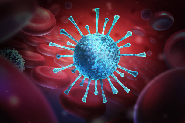 Primer plano de infección viral. Ilustración médica 3D Vista microscópica del virus sobre fondo rojo. Coronavirus COVID-19
 - Foto, imagen