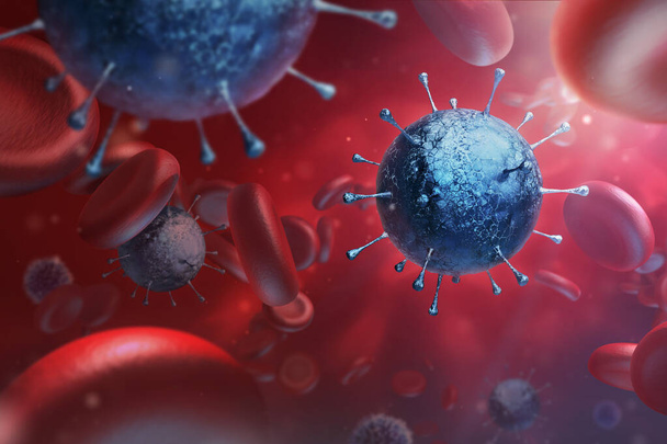ウイルス感染は終わりだ。3D医療イラスト赤を背景にウイルスの顕微鏡像。コロナウイルスCOVID-19 - 写真・画像