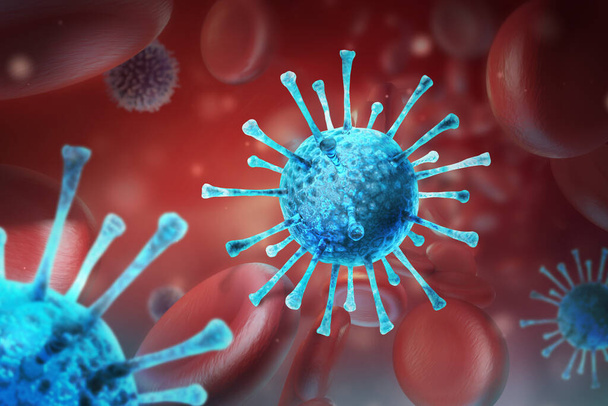 Virus infection closeup. 3D medical illustration Microscopic view of virus on red background. Coronavirus COVID-19 - Photo, Image
