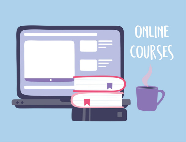 online tréning, laptop tartalom tankönyvek és kávéscsésze, tanfolyamok ismeretek fejlesztése az interneten keresztül - Vektor, kép