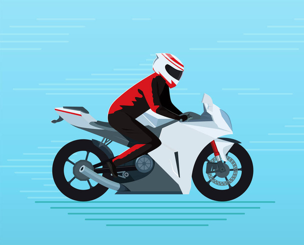 Motorkář V ochranném obleku a helmě jezdí na sportovním kole. - Vektor, obrázek