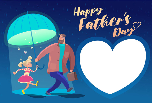 Vater und Tochter spazieren freundlich unter einem Regenschirm. Vatertag ist. Vektor Stock Illustration. Glückwunschkarte, Web-Banner zum Vatertag. - Vektor, Bild