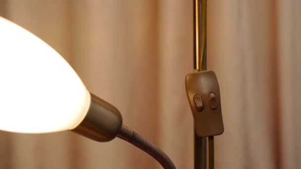 Mans hand turn on the lamp. Female Hand Pulls Lamp Switch Circuit And Turns On Light. Zoom in - Materiał filmowy, wideo