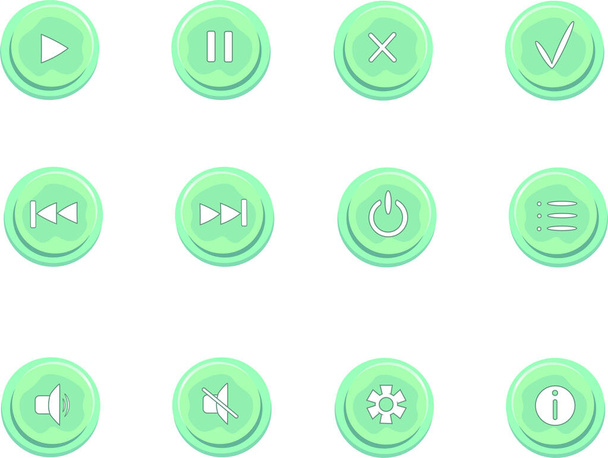  Set, collection of buttons for games, applications.Brilliant bright object, animated interval, panel for the video game page. Volumetric icons of a round green shape. Vector image. - Vector, imagen