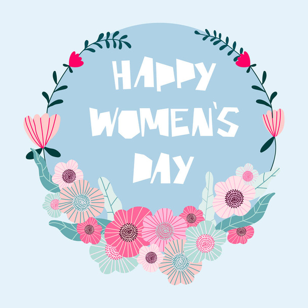 Womens day greeting card design. Light blue vector card with trendy greeting text and floral wreath. Modern illustration for 8 March. - Vektör, Görsel