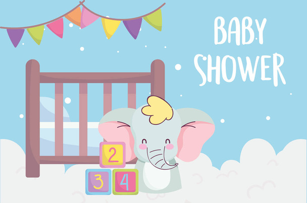vauva suihku, söpö elefantti pinnasänky lohkot pilvet koristelu, ilmoittaa vastasyntynyt tervetullut kortti - Vektori, kuva