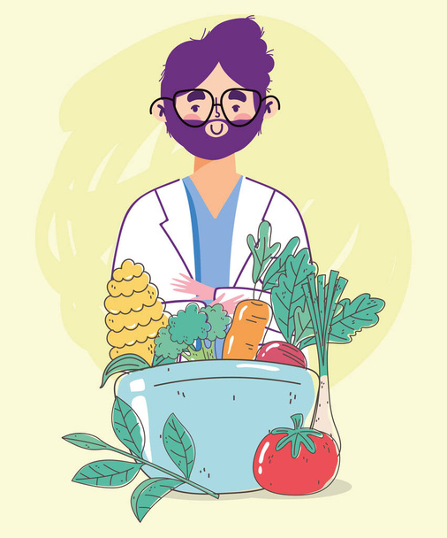 дієтичний лікар свіжий ринок страви миска органічна здорова їжа з фруктами та овочами
 - Вектор, зображення
