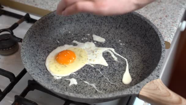 Closeup man hands sprinkle pepper from the mill scrambled in a frying pan - Séquence, vidéo