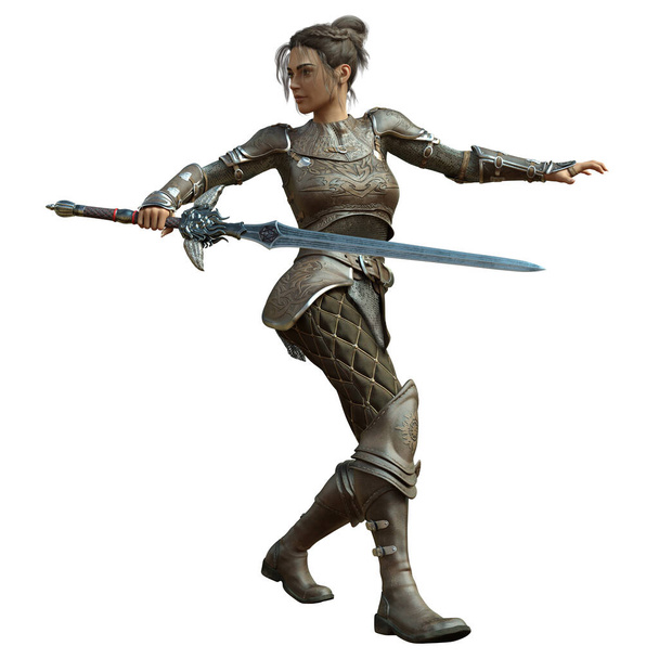 剣で戦う白地に孤立した3Dレンダリング女戦士- 3Dイラスト- 3Dイラスト - 写真・画像