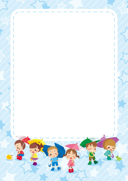Illustration of a star pattern background with children holding an umbrella. - Vettoriali, immagini