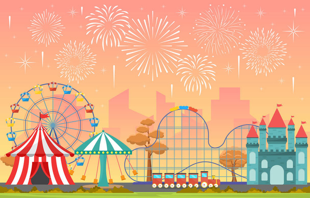 Huvipuisto sirkus karnevaali festivaali hauskaa ilotulitus maisema kuvitus - Vektori, kuva