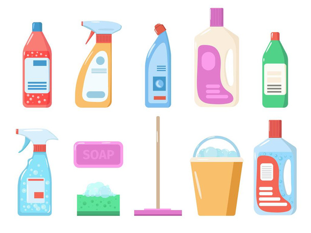 Herramientas de limpieza para el hogar. Detergente, spray limpiador, esponja. Conjunto vectorial de diferentes desinfectantes y productos para la limpieza. Aislado sobre fondo blanco. Colección de iconos
. - Vector, imagen