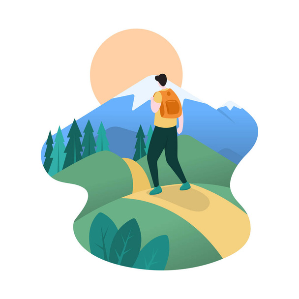 Hiker Man with Backpack Towards Top of Mountain Flat Design Illustration - Vector, Image