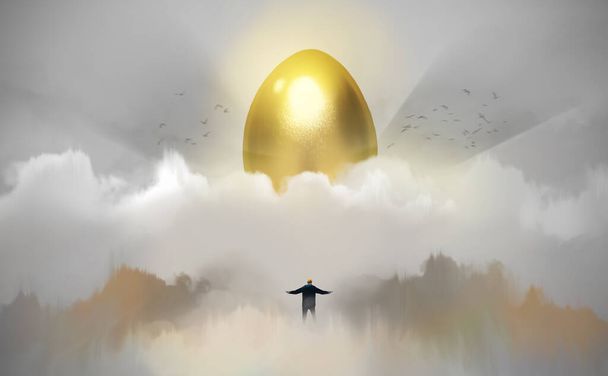 Дизайн цифровой иллюстрации стиль бизнесмен стоит перед огромным золотым яйцом, против неба и солнечного света
. - Фото, изображение