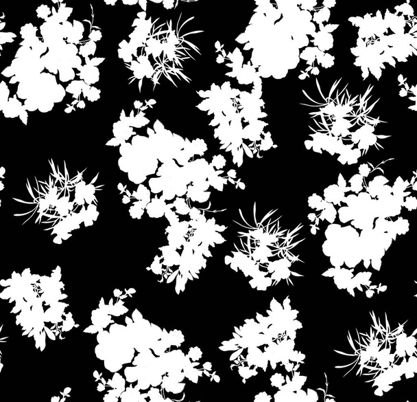 Floral seamless pattern with different flowers and leaves. Black and white Botanical illustration hand painted. Textile print, fabric swatch, wrapping paper. - Photo, Image