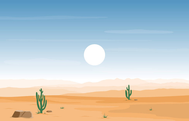 サボテンのある広大な西部アメリカの砂漠での一日ホライズン風景イラスト - ベクター画像