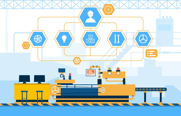 Концепция промышленного завода Конвейер Автоматическое производство Роботизированная сборка Иллюстрация
 - Вектор,изображение