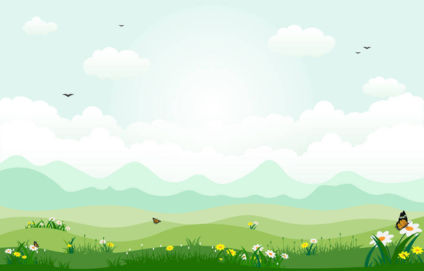 Летняя весна Зеленая долина Яркое солнце Наружная иллюстрация пейзажа
 - Вектор,изображение