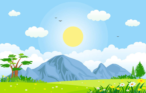 Летняя весна Зеленая долина Яркое солнце Наружная иллюстрация пейзажа
 - Вектор,изображение