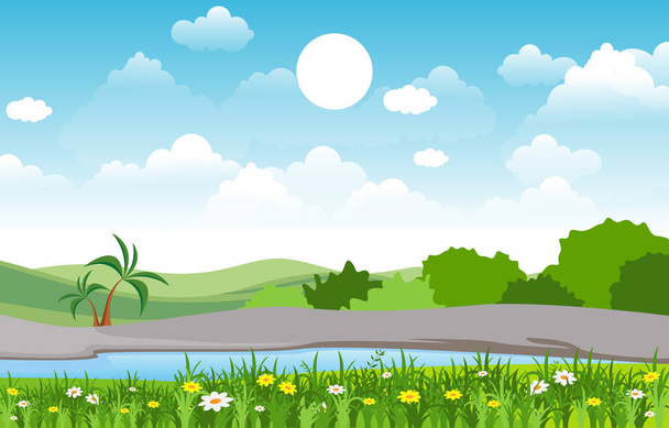 Summer Spring Green Valley Bright Sun Outdoor Landscape Illustration - Διάνυσμα, εικόνα