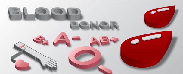 献血アイコンと血液タイプと白いグラデーションの背景にアイソメトリック3Dスタイルでの献血者のレタリング. - ベクター画像