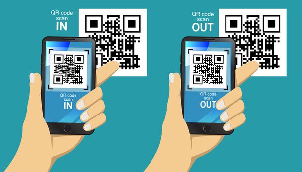 Hand with phone scanning QR code. Access the location during the outbreak control period of Covid-19. All people must register their identity using a QR code. By the follow-up platform. - Vector, Image