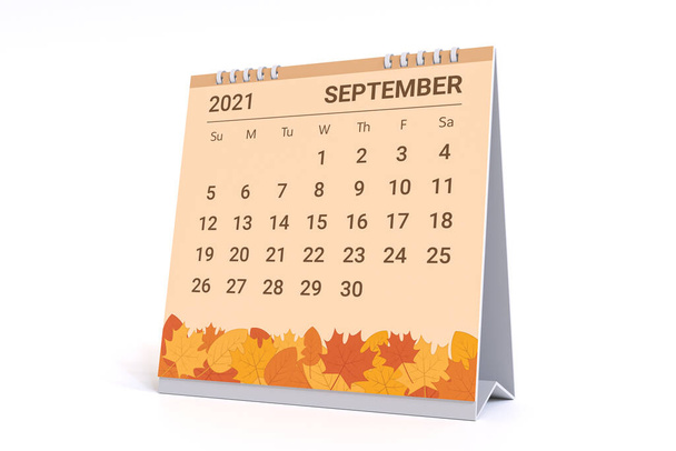 3D Rendering - Calendar for September with autumn leaves theme. 2021 Monthly calendar week starts on sunday. - Photo, Image