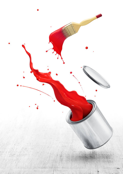 red paint splashing out from its bucket with paintbrush - Foto, imagen