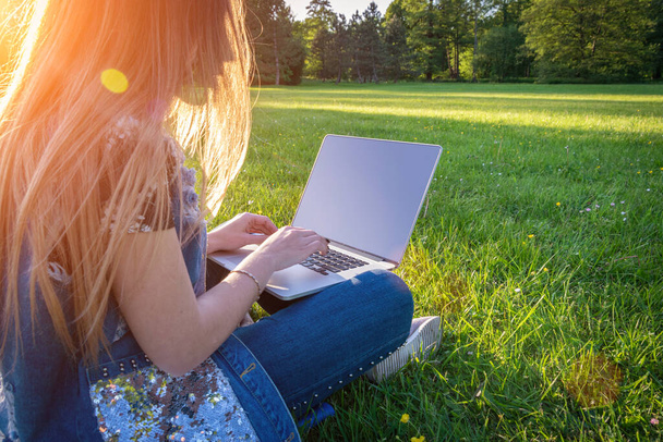 Estudante de negócios on-line mulher com laptop, tablet computador no parque de verão. Menina pessoa trabalho natureza ao ar livre. Pessoas fora da tecnologia. Dispositivos eletrônicos conceito de ensino à distância - Foto, Imagem