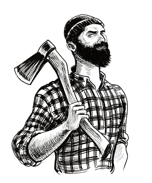 Taglialegna canadese barbuto con ascia. Inchiostro disegno in bianco e nero
 - Foto, immagini
