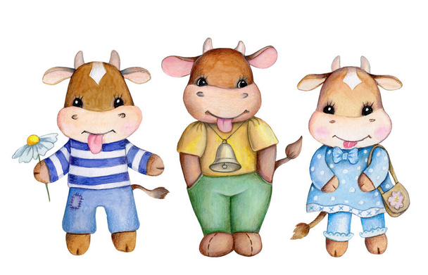 Три милі мультяшні корови, хлопчики і дівчинка. Акварель намальована рука ілюстрація для дітей. Ізольовані
. - Фото, зображення