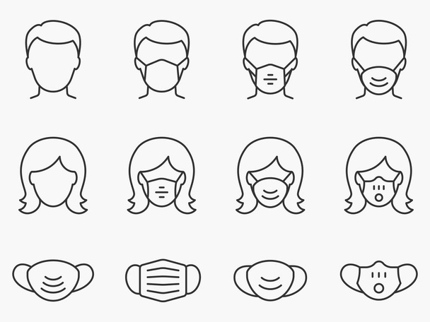 Medical face mask line icons set. Vector illustration on a white background. Editable stroke. - Vektör, Görsel