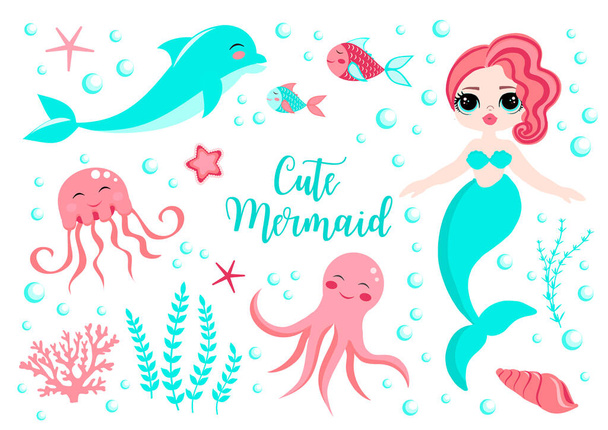 Bonito conjunto pequena sereia princesa e golfinho, polvo, peixe, água-viva, coral. mundo subaquático
 - Vetor, Imagem