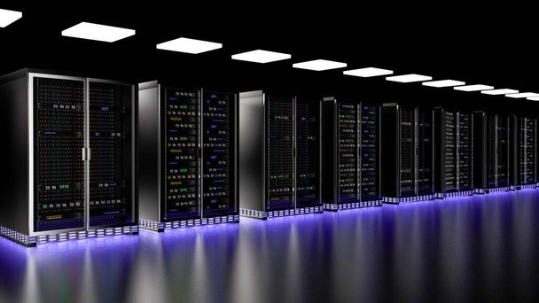 Rack server nel data center cloud della sala server. cluster hardware del Datacenter. Backup, hosting, mainframe, mining, farm e computer rack con informazioni di archiviazione. rendering 3D. Illustrazione 3D - Foto, immagini