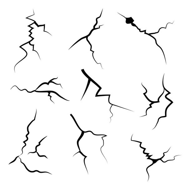 hand drawn cracked glass, wall, ground. lightning storm effect. doodle break set. vector illustration - Vector, Image
