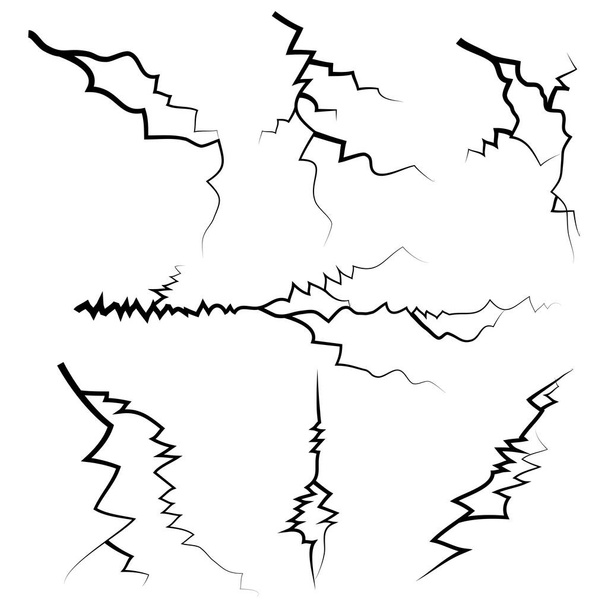 hand drawn cracked glass, wall, ground. lightning storm effect. doodle break set. vector illustration - Vector, Image