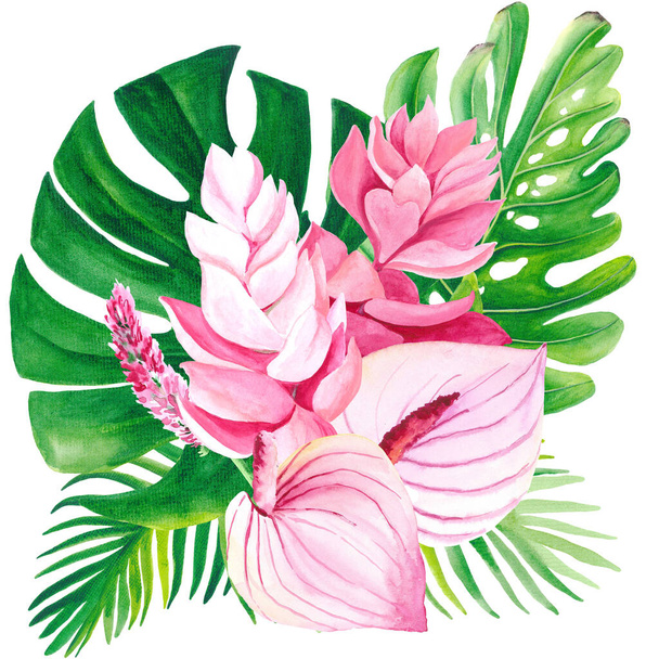 Vesiväri vaaleanpunainen trooppisia kukkia kukkakimppuja - Valokuva, kuva
