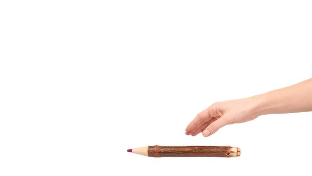 Hand with big wooden pencil, learning supply. Isolated on white background. Copy space, template. - Photo, image