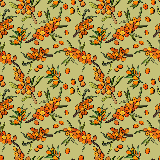  Seamless pattern of sea buckthorn berries. Cartoon style. Stock illustration. Design for wallpaper, fabric, textile, packaging. - Vecteur, image