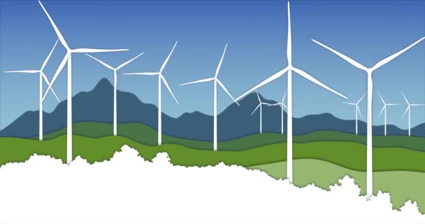 turbine eoliche in verdi colline, mulini a vento con paesaggio estivo in stile carta, animazione dei cartoni animati di parchi eolici, loop senza soluzione di continuità - Filmati, video