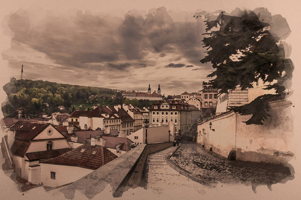 プラハ、チェコ共和国の通りのビューの水彩効果。プラハの歴史的中心部の美しい景色を望む通り. - 写真・画像