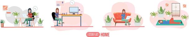 lavoro al Home Office moderno concetto flat vector illustrazione digitale home office metafora, un freelance persone che lavorano a casa coronavirus stile di vita
 - Vettoriali, immagini