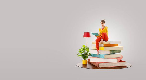 Unusual 3d illustration of female reads sitting on a stack of books. - Foto, immagini