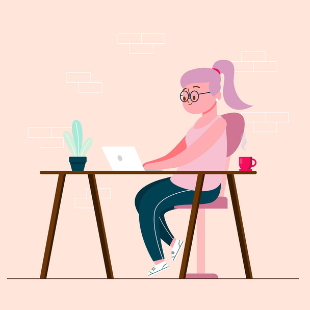 Smiling woman with laptop in home office vector illustration - Vector, Image